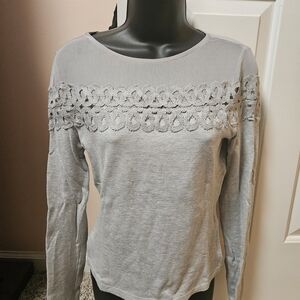 VENUS Light Gray Lace Accent Long Sleeve Top